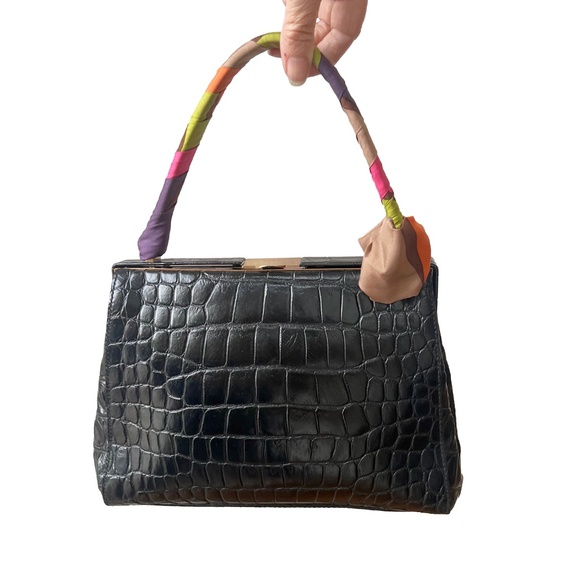 Miu Miu 90s Black Croc Embossed Leather Handbag with Scarf Handle Vintage Y2K - Picture 7 of 14